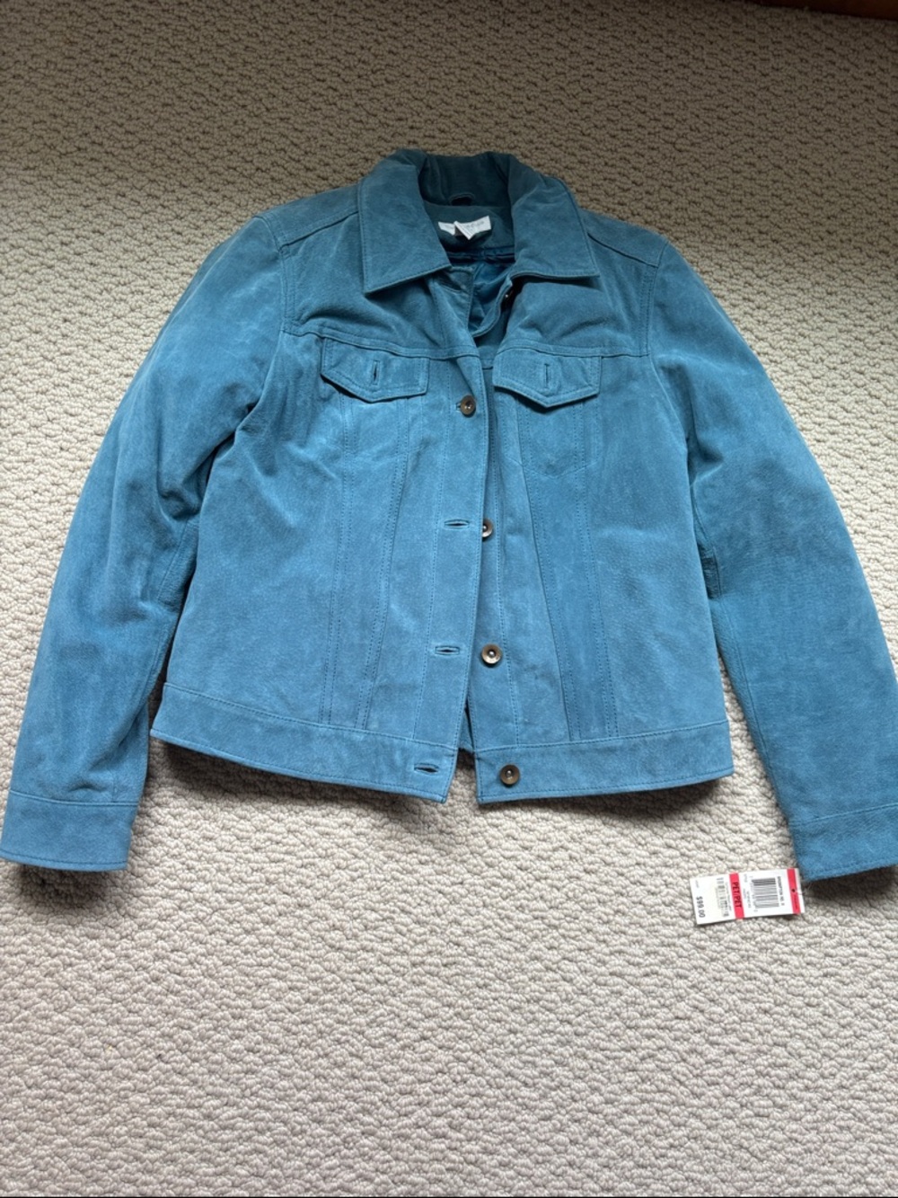 Charter Club Leather Blue Suede Button-Front Jacket. BNWT. Sz P. Zip out lining.